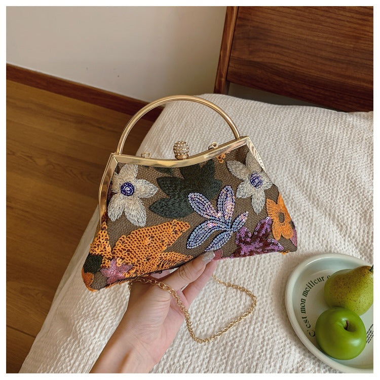 Embroidered floral dinner tote ladies hand bag heavy mesh sequin splicing hipster clip woman handbag