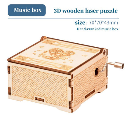 Assembleable music box carousel piano that is made of wood and designed as a Ferris wheel, creating a handmade puzzle toy