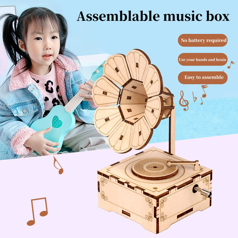 Assembleable music box carousel piano that is made of wood and designed as a Ferris wheel, creating a handmade puzzle toy