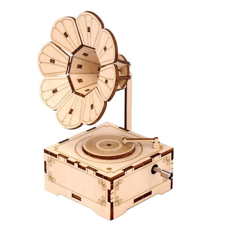 Assembleable music box carousel piano that is made of wood and designed as a Ferris wheel, creating a handmade puzzle toy