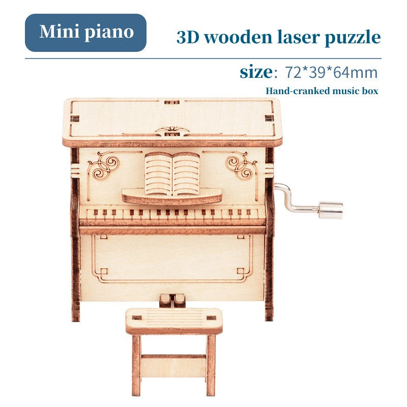 Assembleable music box carousel piano that is made of wood and designed as a Ferris wheel, creating a handmade puzzle toy