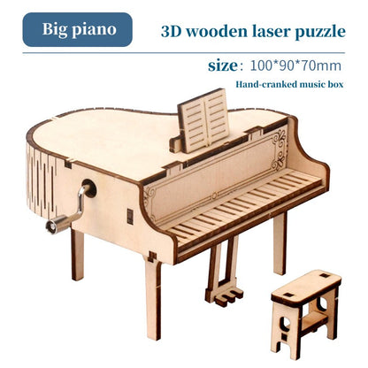 Assembleable music box carousel piano that is made of wood and designed as a Ferris wheel, creating a handmade puzzle toy