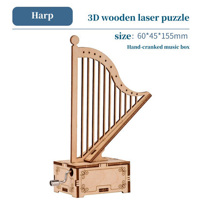 Assembleable music box carousel piano that is made of wood and designed as a Ferris wheel, creating a handmade puzzle toy