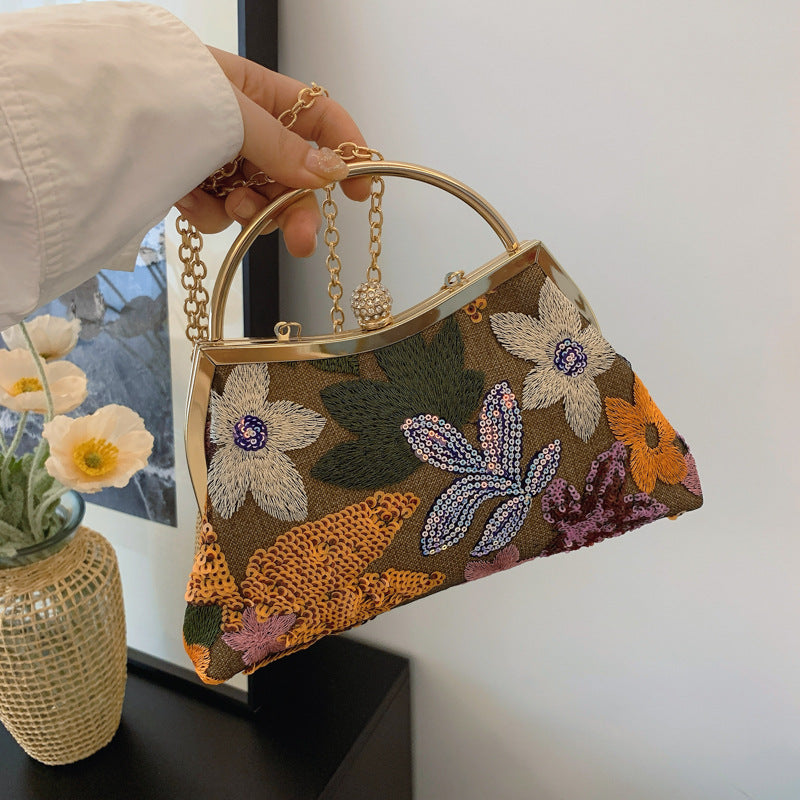 Embroidered floral dinner tote ladies hand bag heavy mesh sequin splicing hipster clip woman handbag