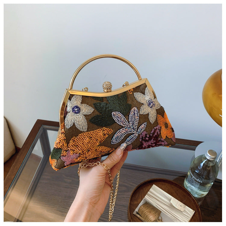 Embroidered floral dinner tote ladies hand bag heavy mesh sequin splicing hipster clip woman handbag